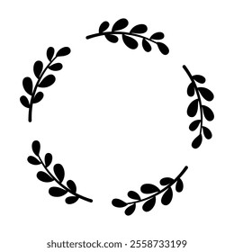 Minimalist Circular Wreath Design with Black and White Four Symmetrical Leafy Branches