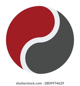 A minimalist circular yin yang symbol featuring a balanced contrast between red and dark gray tones, separated by a clean white curved line on a plain white backdrop.
