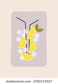 Minimalist citrus drink vector illustration with lemon wedges ice and double straws.