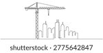 Minimalist city construction scene in continuous one line drawing style. Vector illustration of tower crane and urban skyline with modern skyscrapers. Clean linear outline isolated on light background. Architecture, engineering and urban development concept in simple monoline design. Editable stroke