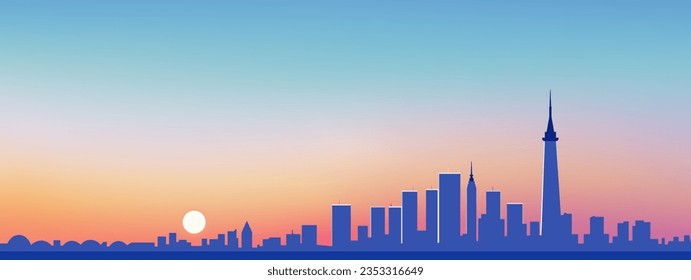 Minimalist city skyline urban landscape illustration with setting rising sun and buildings