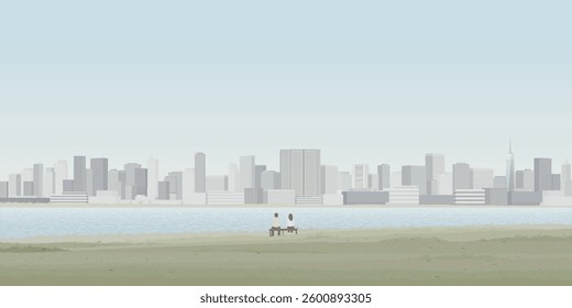 Minimalist cityscape with a couple of lover sitting on a bench at lakeside have skyscrapers and blue sky background graphic illustration.