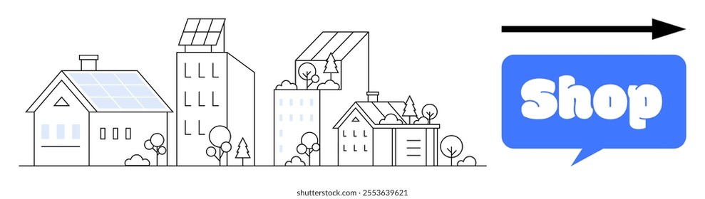 A minimalist cityscape featuring houses and skyscrapers with solar panels. Includes a blue shop sign pointing right. Ideal for urban living, sustainability, renewable energy, commerce, city planning