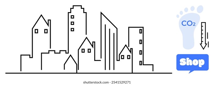 Minimalist cityscape featuring various tall buildings. Blue footprint with CO2 and down arrow suggest reducing carbon footprint. Blue shopping symbol included. Ideal for urban living sustainability