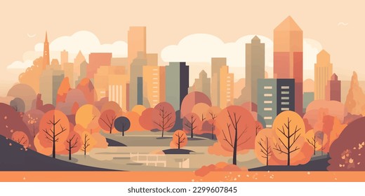 Minimalist Cityscape  Flat  Geometric Vector Illustration with Buildings  Hills  and Trees   Horizontal Banner