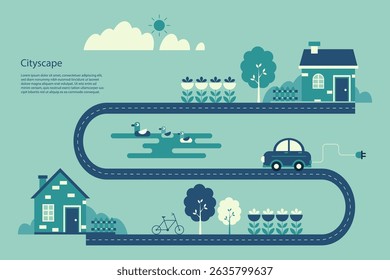 Minimalist cityscape illustration featuring houses, roads, trees, a bike, a car, and flowers in a clean, flat design style and emphasizing eco-friendly living.