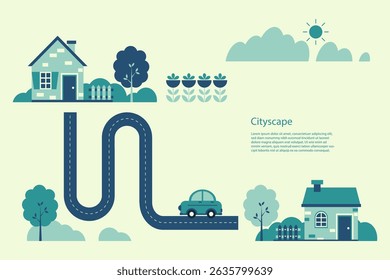 Minimalist cityscape illustration featuring houses, roads, trees, a car, and flowers in a clean, flat design style and emphasizing eco-friendly living.