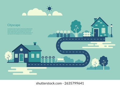 Minimalist cityscape illustration featuring houses, roads, trees, a lake, a bench, and flowers in a clean, flat design style and emphasizing eco-friendly living.