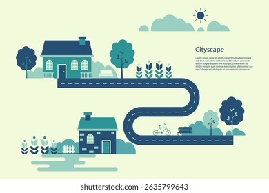 Minimalist cityscape illustration featuring houses, roads, trees, a bike, a bench, and flowers in a clean, flat design style and emphasizing eco-friendly living.