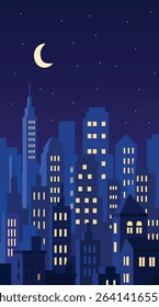 Minimalist cityscape illustration at night with tall buildings, glowing windows, and a crescent moon under a starry sky. Perfect for urban, night, and modern city-themed designs.