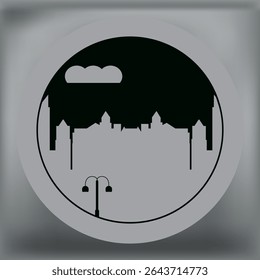 Minimalist cityscape illustration with silhouettes of classic buildings, a cloud, and street lamp in a circular frame. Urban skyline design in grayscale tones.
