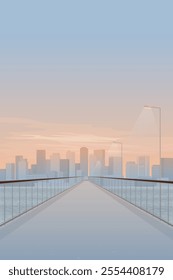 Minimalist cityscape with pedestrian bridge across the river have skyscrapers and vanilla sky vertical background graphic illustration.