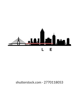 Minimalist cityscape silhouette with a bridge and large letterforms