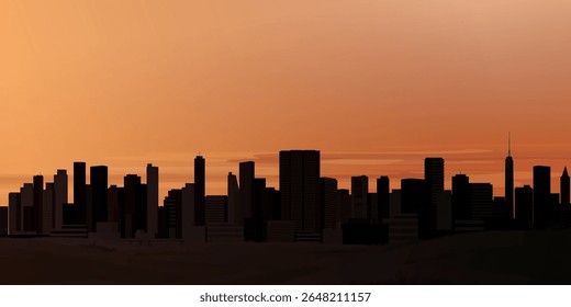 Minimalist cityscape with silhouette skyscrapers front view have sunset sky background graphic illustration have blank space.