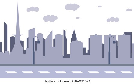 A minimalist cityscape with silhouettes of buildings, street lamps and clouds.