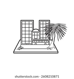 Minimalist cityscape vector with palm tree – ideal for urban planning, real estate, architecture, and travel-themed designs. Clean lines for modern presentations and illustrations.