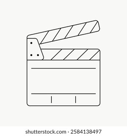 Minimalist clapperboard icon in black and white. Simple clapperboard design for film, video, and media projects. Perfect for creative, film, and media themes. Vector isolated on white.