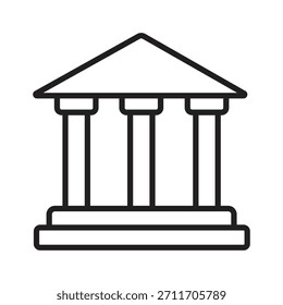 Ícone de linha de construção clássica minimalista com colunas. Ilustração vetorial simbolizando o governo, a educação, a lei ou a arquitetura histórica.

