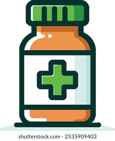 Un diseño de icono minimalista y limpio con una botella de medicina simple con una cruz verde. Perfecto para su uso en proyectos relacionados con la salud, farmacia y medicina.