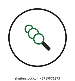Una ilustración minimalista y limpia presenta un icono de dango, mostrando tres bolas de mochi redondas dispuestas en un palo dentro de un círculo. El Diseño gráfico transmite la esencia de este regalo japonés