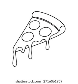 Um desenho de linha minimalista e limpo de uma fatia de pizza de pepperoni com gotejamento de queijo. Isolado em um fundo branco. Simples, arte culinária moderna.