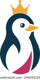 A minimalist and clean logo design featuring a stylized Penguin, closeup face front view Triadic Color Scheme outline. A crown on head a friendly expression. The outline is contrasted against a crisp 