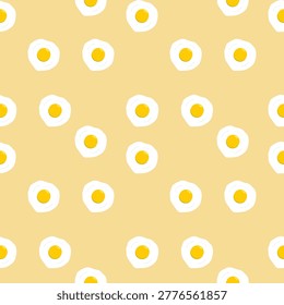 A minimalist and clean seamless pattern featuring flat design fried eggs with yellow yolks and white albumen on a beige background. Ideal for breakfast-themed designs, kitchen decor, packaging, and textile prints.