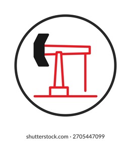 Um gráfico vetorial minimalista e limpo representando um jaque de bomba de plataforma de óleo. O design dos contornos vermelho e preto, definido dentro de uma estrutura circular, sugere um foco na extração de petróleo, indústria petrolífera e