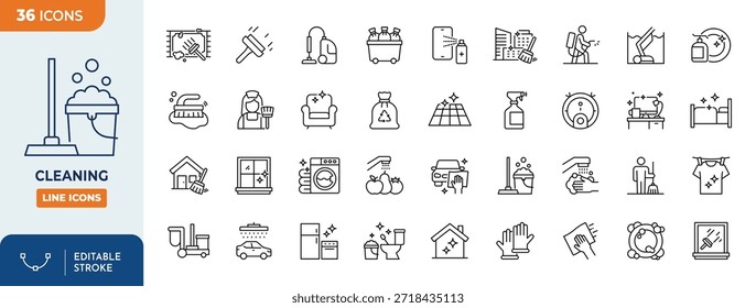 Minimalistische Säuberung von Outine-Symbolen mit bearbeitbarem Strich. dünne lineare Darstellung. Vektorgrafik