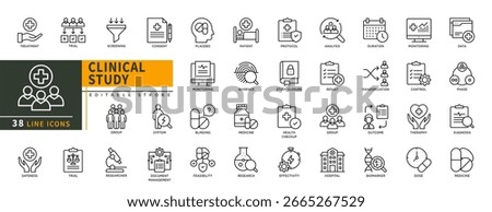 Minimalist Clinical Study line icon set with editable stroke, featuring treatment, trial, screening, group, research, safeness, document management, feasibility, effectivity, hospital. illustration.