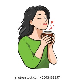 Um clip-art minimalista de uma jovem alegre segurando uma xícara fumegante de café ou chá, sorrindo e relaxado, desfrutando de uma pausa pacífica em um fundo branco plano.