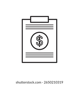 Ícone minimalista da área de transferência com símbolo de dólar, representando fatura, relatório financeiro, documento comercial ou papelada relacionada a dinheiro. Ideal para imagens contábeis, fiscais ou financeiras.