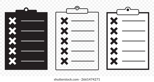 Conjunto de iconos de Portapapeles minimalista: lista de tareas, Encuesta y notas sobre fondo transparente. EPS 10.