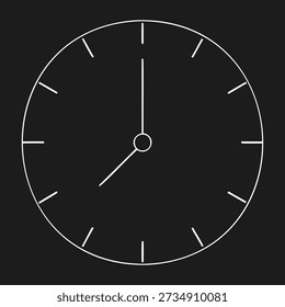 Minimalist Clock Face Illustration - Clean White Lines on Black Background, Modern Timekeeping Icon for Design Projects and Digital Interfaces