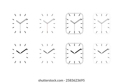 Minimalist clock faces collection with various hand and number styles. Vector icon