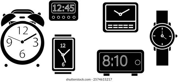"Minimalist Clock and Watch Icons Set – Includes Alarm Clocks, Digital Displays, Smartwatches, Wall Clocks, Analog Watches, and Desk Clocks for Time Management and Design Projects"