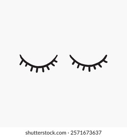 Minimalist closed eyes illustration with simple black lines. Eyelashes curve gently, creating a serene, peaceful expression. Minimalist art style. Simple black line art doodle vector.