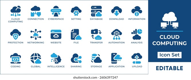 Minimalist cloud computing icon set featuring cloud storage, data security, server hosting, networking, cloud infrastructure, cloud applications, SaaS, IoT, and digital transformation.