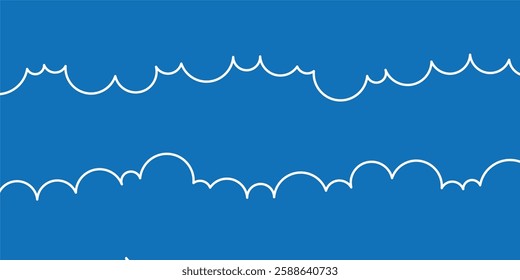 Minimalist cloud pattern with simple white outlines on a blue background, offering a clean and versatile design. Perfect for backgrounds, banners, or creative projects.