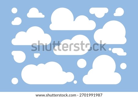 Minimalist cloud shapes in blue sky. Cartoon flat vector illustration.
