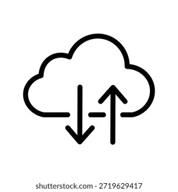 Minimalist cloud upload and download icon with arrows, representing data transfer, cloud storage, file synchronization, and online services