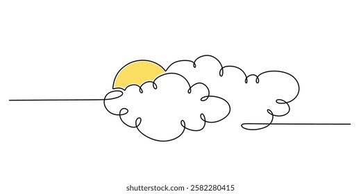 Minimalist clouds with sun illustration in a single line. Concept of daylight, atmospheric scenery, and nature’s beauty. Vector illustration hand drawn.