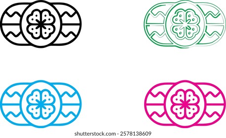 Minimalist clover logo, four-leaf clover icon, heart-shaped leaves, circular emblem, stylized shamrock design, clean line art, bold colors, black and white version, green outline, blue variation, pink