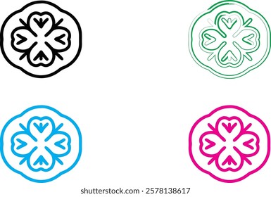 Minimalist clover logo, four-leaf clover icon, heart-shaped leaves, circular emblem, stylized shamrock design, clean line art, bold colors, black and white version, green outline, blue variation, pink