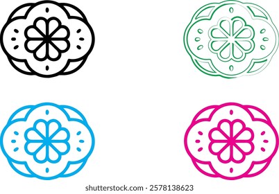 Minimalist clover logo, four-leaf clover icon, heart-shaped leaves, circular emblem, stylized shamrock design, clean line art, bold colors, black and white version, green outline, blue variation, pink