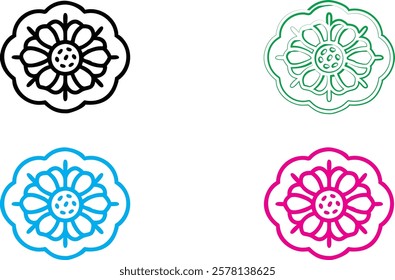 Minimalist clover logo, four-leaf clover icon, heart-shaped leaves, circular emblem, stylized shamrock design, clean line art, bold colors, black and white version, green outline, blue variation, pink