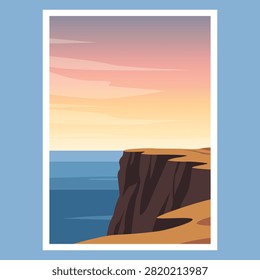 Minimalist coastal cliff poster, flat vector illustration featuring ocean horizon, rocky shoreline, and pastel sunset sky