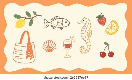 Minimalist coastal summer elements with lemon branch, beach bag with scarf, fish, strawberry, orange slice, seahorse, wine glass, seashell, and cherries on cream background with wavy orange border.