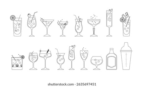 Minimalist cocktail party icon set in black and white linear style, featuring martini, wine, champagne, shaker and bar drinks. Elegant line art vector illustration for bar menu and wedding invitations