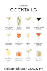 A Minimalist Cocktail Poster With Popular Classic Cocktails. Infographic Cheat Sheet With Different Alcoholic Drinks And Ingredients. Summer Aperitif In Various Glasses. Vector Mixology Wall Art Print